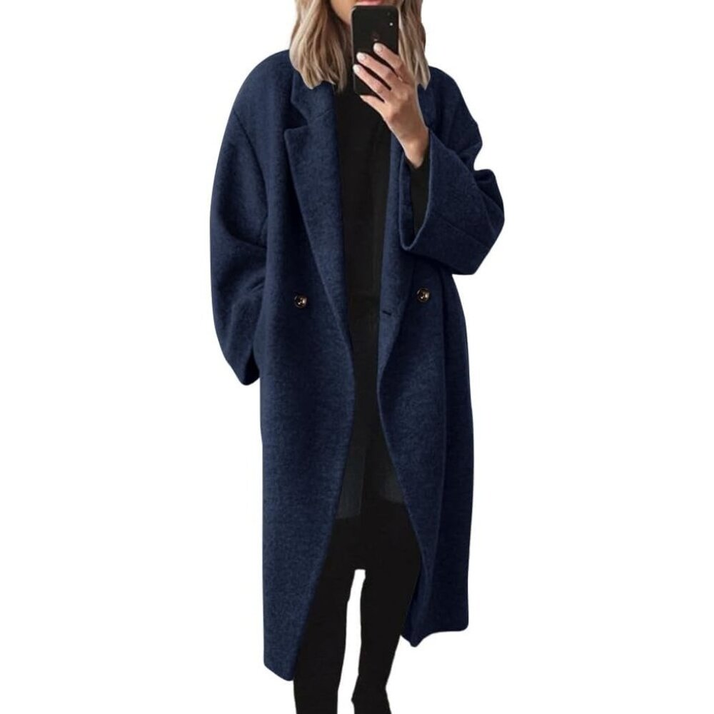 ⚡Women's Navy Blue Winter Double Breasted Wool Coat Long Sleeve Long Trench Coat - Picture 1 of 2